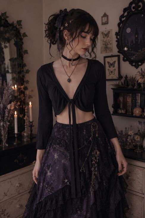 Dressbarn Tops - Dress Barn Womens Crop Top Tie Front Wrap L Whimsigoth Fairy Goth Long Sleeve